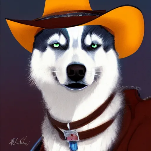 Image similar to a portrait painting of a husky in cowboy costume, wearing a cowboy hat, by studio ghibli, in the style of anime, humanoid, personify, anthropomorphic, trending on artstation