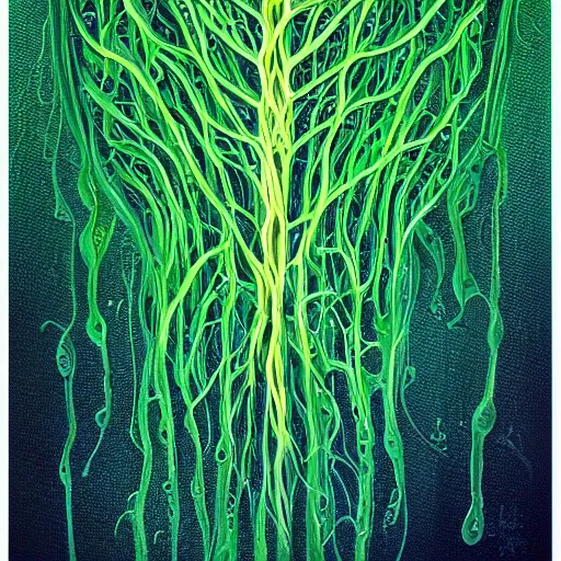 Image similar to nervous system immersed in green liquid, illustration, abstract painting