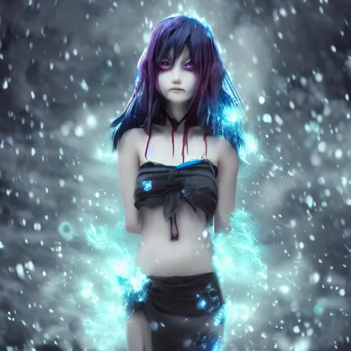 Image similar to photorealistic full body shot of masterpiece angry darkness anime girl, beautifull lovely eyes, electric aura with particles, snowing frozen ice, darkness background, inspired by tim burton, detailed, unreal engine 4 k, volumetric light, fog