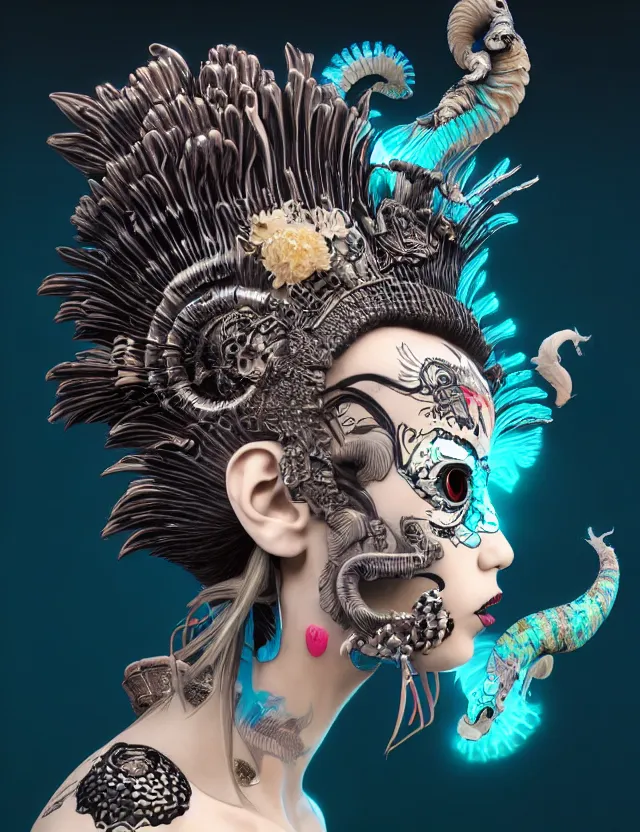 Image similar to 3 d goddess close - up profile portrait punk with mohawk with ram skull. beautiful intricately detailed japanese crow kitsune mask and clasical japanese kimono. betta fish, jellyfish phoenix, bio luminescent, plasma, ice, water, wind, creature, artwork by tooth wu and wlop and beeple and greg rutkowski