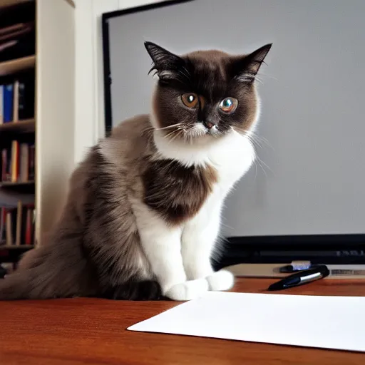 Prompt: a ragdoll cat writing on the desk,4k,