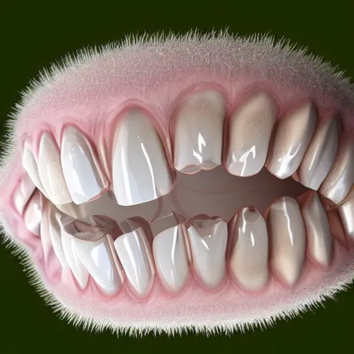 Prompt: teeth and hairy ball in transparent goo