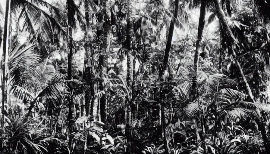 Prompt: lost film footage of a sacred object in the middle of the tropical jungle / film still / cinematic / enhanced / 1 9 2 0 s / black and white / grain