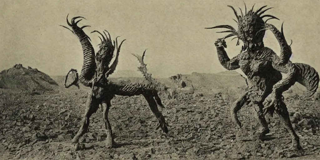 Prompt: mythical monster from a culture in an arid region, 1 9 0 0 s photograph