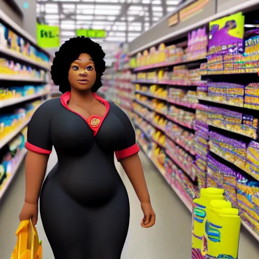 Image similar to high quality still of black bbw woman in wal-mart follow shot, 3d, in the style of pixar, comic book style, 3d, highly detailed, 16k resolution, octane renderer, coherent