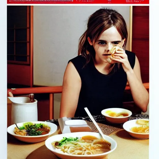 Image similar to emma watson eating from a big bowl of ramen in a japanese ryokan. travel magazine.
