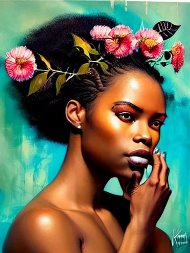 Image similar to portrait of a beautiful black woman with a floral background : : painted by artgerm, karol bak, artur bordalo, sandra chevrier : : portrait, character, illustration, hyperrealism, photorealism