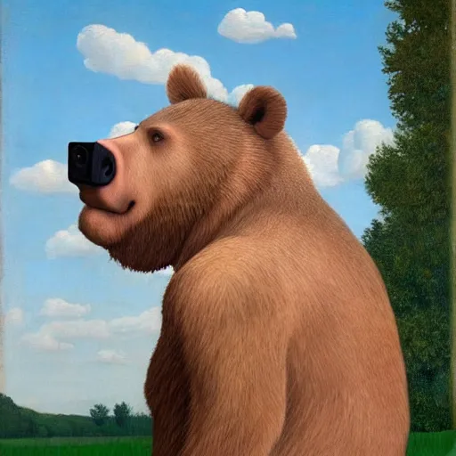 Image similar to a man-bear-pig-hybrid by Raphael, Hopper, and Rene Magritte. detailed, romantic, enchanting, trending on artstation.