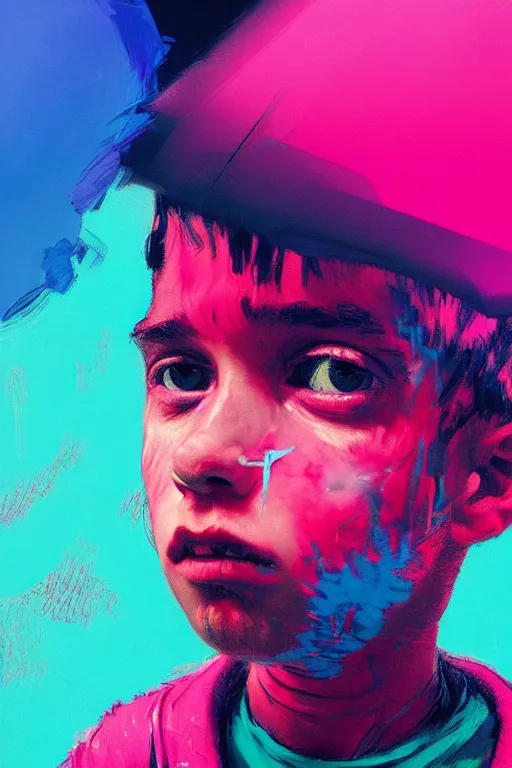 Image similar to portrait of a young boy nor living not death in a postapoliptic forgotten world, in the colors hot pink and cyan, beautiful face, rule of thirds, complex outfit, spotlight, octane render, dramtic lit, by greg rutkowski, by jeremy mann, by francoise nielly, by van gogh, digital painting