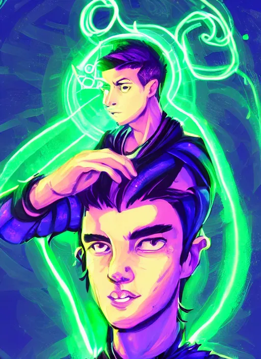 Prompt: character concept !portrait of a handsome young wizard with olive skin and buzzed short spiky hairstyle casting a spell with apleasantly surprised expression. glowing runes in swirling neon light, an iridescent spell book hovering in mid-air. glowing magic dust swirling. intricate, elegant, digital painting, concept art, smooth, sharp focus, illustration, by Ruan Jia and Mandy Jurgens and Artgerm and William-Adolphe Bouguereau