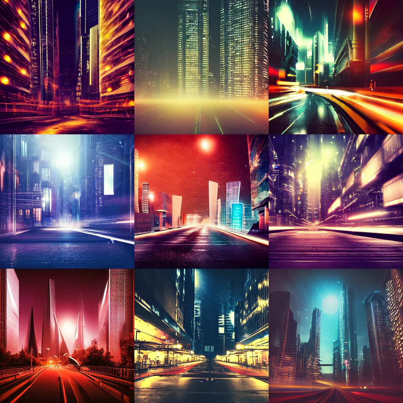 Prompt: a futuristic city at night, moody, cinematic colors, bokeh