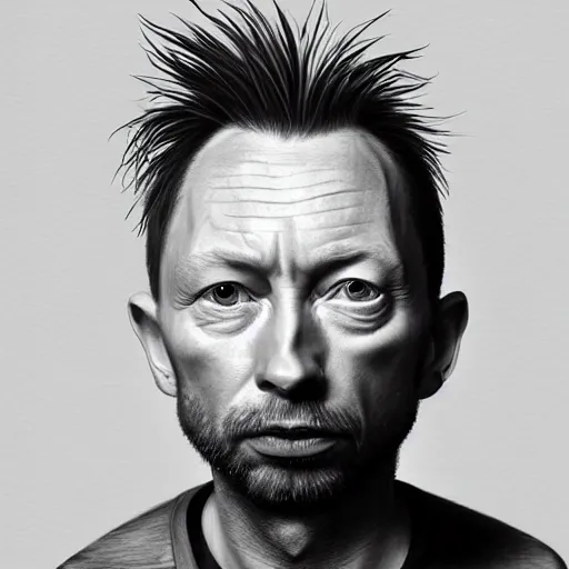 Image similar to Caricature portraits done of Thom Yorke, realistic, hyperrealistic, very realistic, highly detailed, very detailed, extremely detailed, detailed, oil painting, digital art, trending on artstation