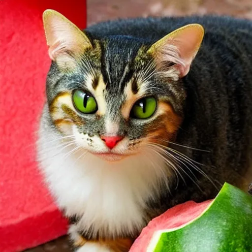 Image similar to a perfect hybrid fusion of the flesh : cat + watermelon + bee