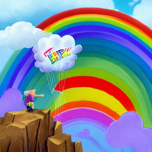 Prompt: crippled old man in a purple wheelchair at the edge of a cliff frowns as his rainbow - striped birthday balloon floats out of his reach into a sky full of storm clouds, pixar concept art, texture, highly detailed