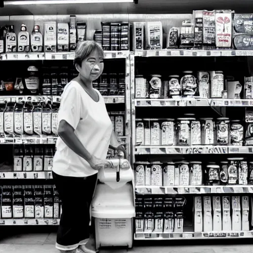 Prompt: a middle - aged woman working at an old convenience store in singapore, award - winning photography