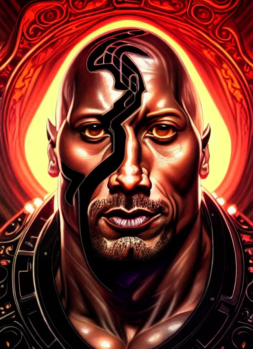 Image similar to portrait of dwayne johnson glowing eyes, volumetric lights, feast, music notes, art nouveau botanicals, gothic, intricate, highly detailed, digital painting, artstation, concept art, smooth, sharp focus, symmetric face, illustration, steampunk, art by artgerm and greg rutkowski and alphonse mucha