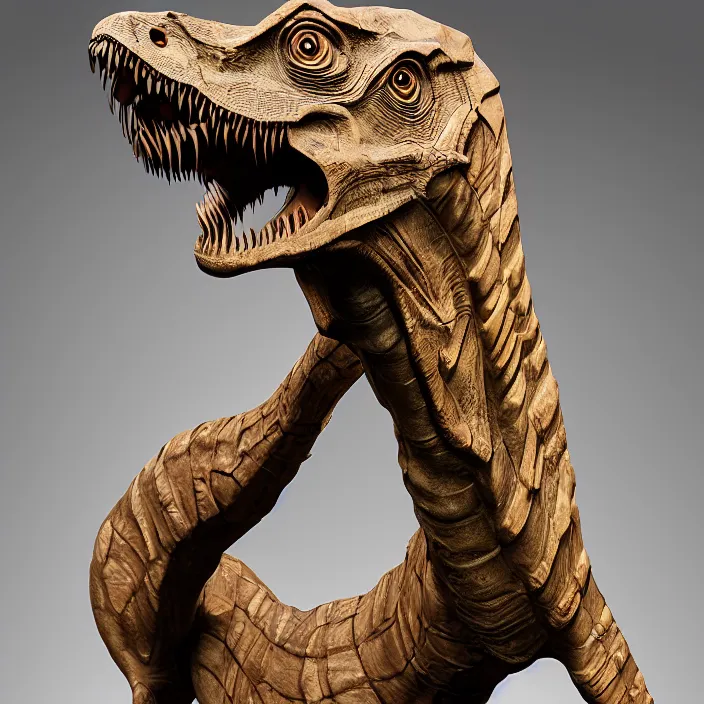 Prompt: ancient irish, celtic, dinosaur wooden statue, velociraptor, studio, studio lighting