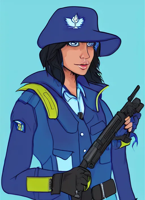 Prompt: A beautiful portrait commission of a female furry anthro blue jay bird wearing a security guard uniform with a bullet proof vest. Cyberpunk city