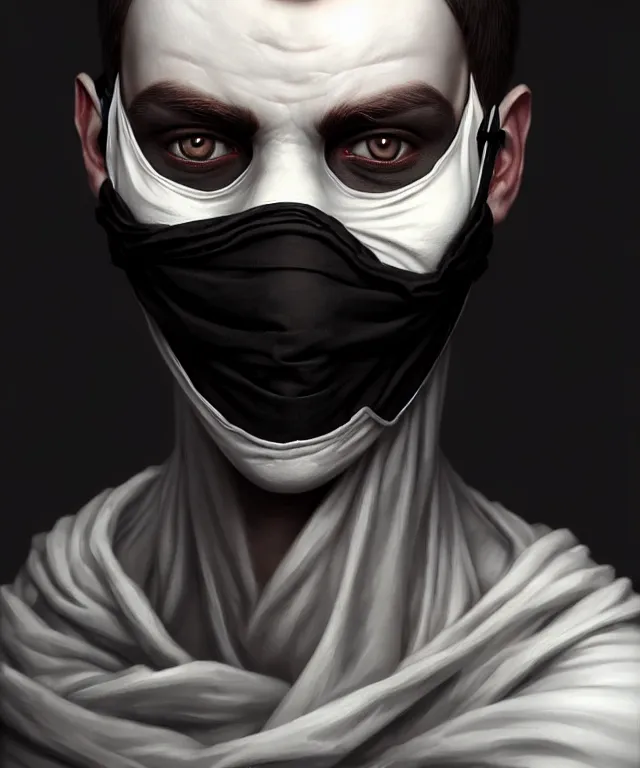 Image similar to white young man with black fabric mask, highly detailed face!!!, true anatomy!, extremely detailed!, digital painting, unreal engine 5, art by tom bagshaw