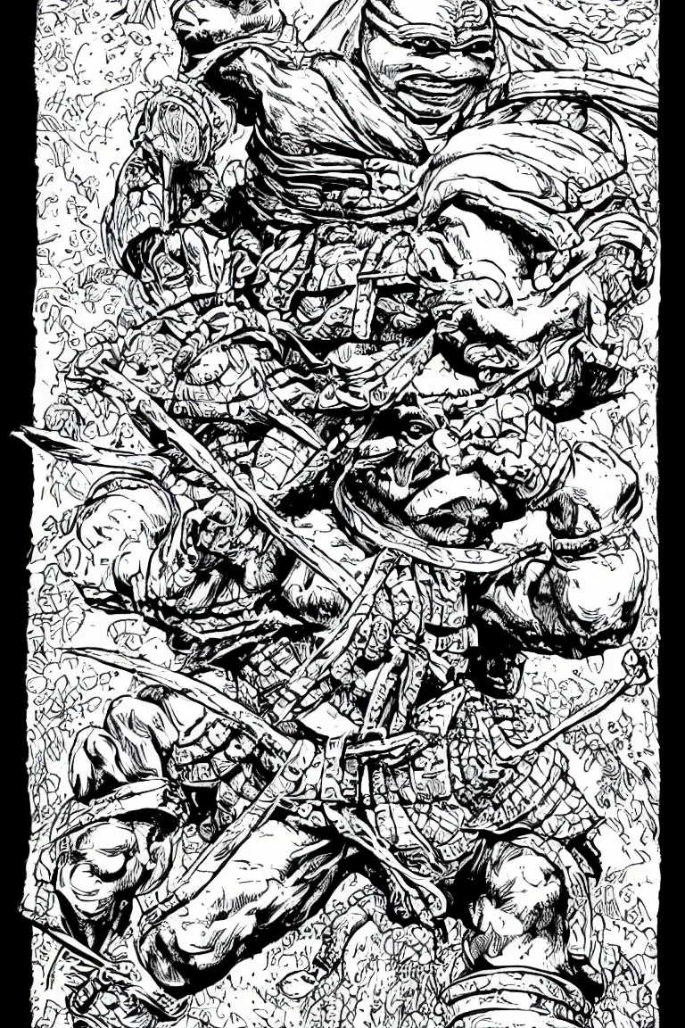 Image similar to Raphael the Ninja Turtle from the Dungeons and Dragons Monster Manual, line art illustration, 1981, high detail