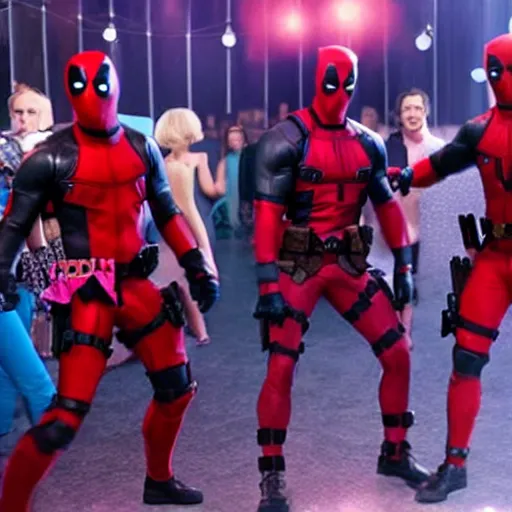 Image similar to a still of deadpool dancing at the disco with the ladies