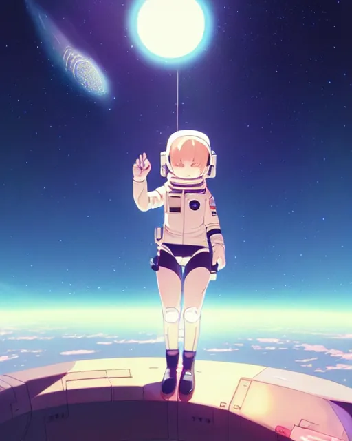 Image similar to a cute thicc astronaut alien girl, floating through empty space, backlit, epic photo ， by makoto shinkai an krenz cushart