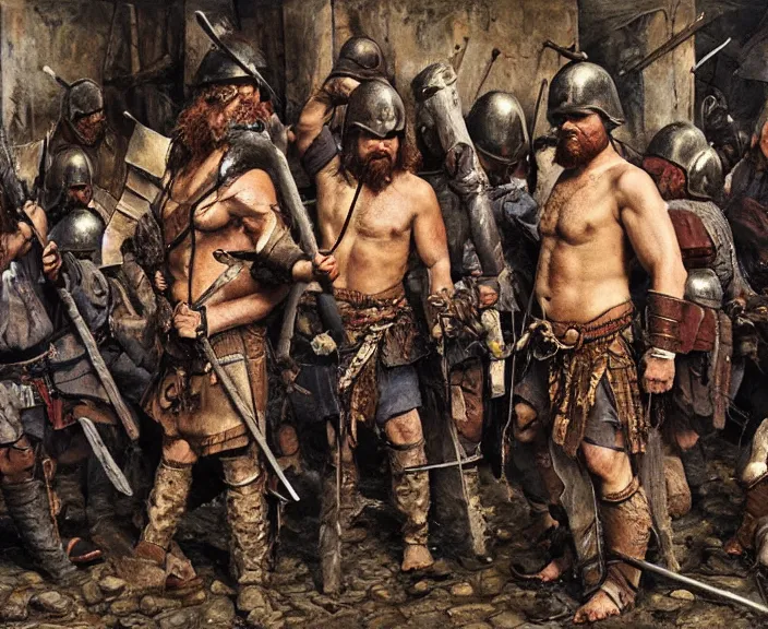 Prompt: a small garrison of barbarian men dressing for battle, art by denys tsiperko and bogdan rezunenko, hyperrealism