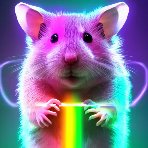 Image similar to cyberpunk hamster! holding rainbow! gem! crystal, neon lights, light reflection, 8 k, hd