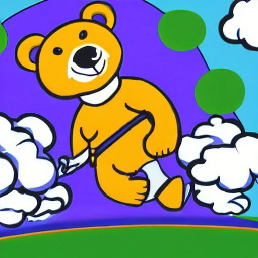Prompt: cartoon bear wearing clothes being launched out of a futuristic machine into a purple and orange cloud land