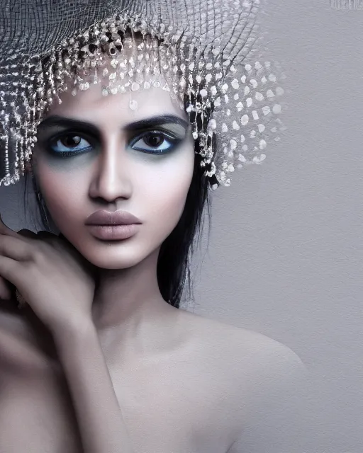 Prompt: a beautiful hyperrealistic ultradetailed, one indian model looking girl in a avant garde clothes on Gray Background for photo, photo studio, studio photography, studio light, photo for magazine, Designer clothes, futuristic clothes, clothes from the future, voge photo, fashion style, fullbody, in full growth, Clear facial features, photorealistic, high resolution, highly detailed, details, good clear quality