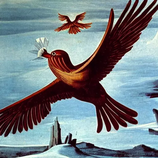 Image similar to Phoenix bird flying above a frozen lake painted by Caravaggio. High quality.