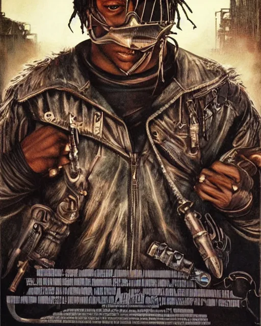 Image similar to juice wrld in dystopian raider mad max post apocalpytic, airbrush, drew struzan illustration art, key art, movie poster