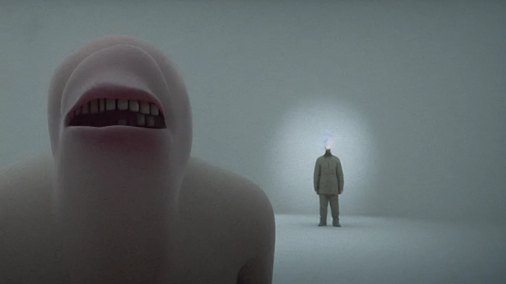 Image similar to the giant tongue waits in the refrigerator , film still from the movie directed by Denis Villeneuve with art direction by Zdzisław Beksiński, wide lens