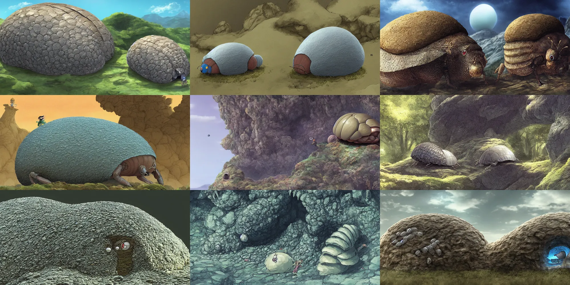 Prompt: a giant pill bug as mountain, full of human shape parasitisms live on the shell, holes, landscape, あかさたなは on twitter, by miyazaki, nausicaa ghibli, high detail, 8 k