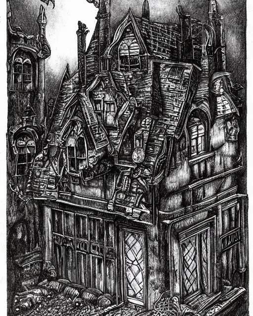 Image similar to pen and ink drawing of the house of hell, gothic mansion, fighting fantasy style image, by steve jackson and ian livingstone, highly detailed