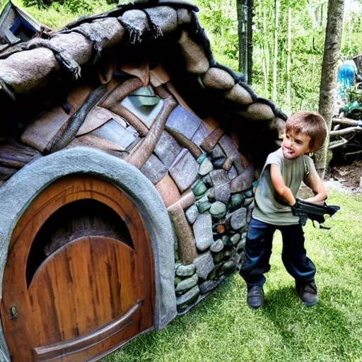 Image similar to a kid in swat gear storming a hobbit house.