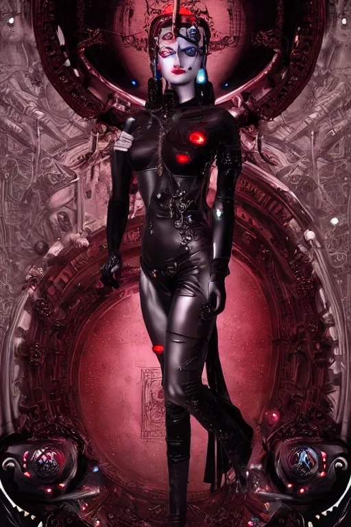 Image similar to full-body cyberpunk style sculpture of a young beautiful dark priestess, half android with a head opening exposing circuitry, glowing red eyes, black roses, flowing blood red colored silk, fabric, candles. baroque elements, human skull. full-length view. baroque element. intricate artwork by caravaggio, crows flying in background. Trending on artstation, octane render, cinematic lighting from the right, hyper realism, octane render, 8k, depth of field, 3D
