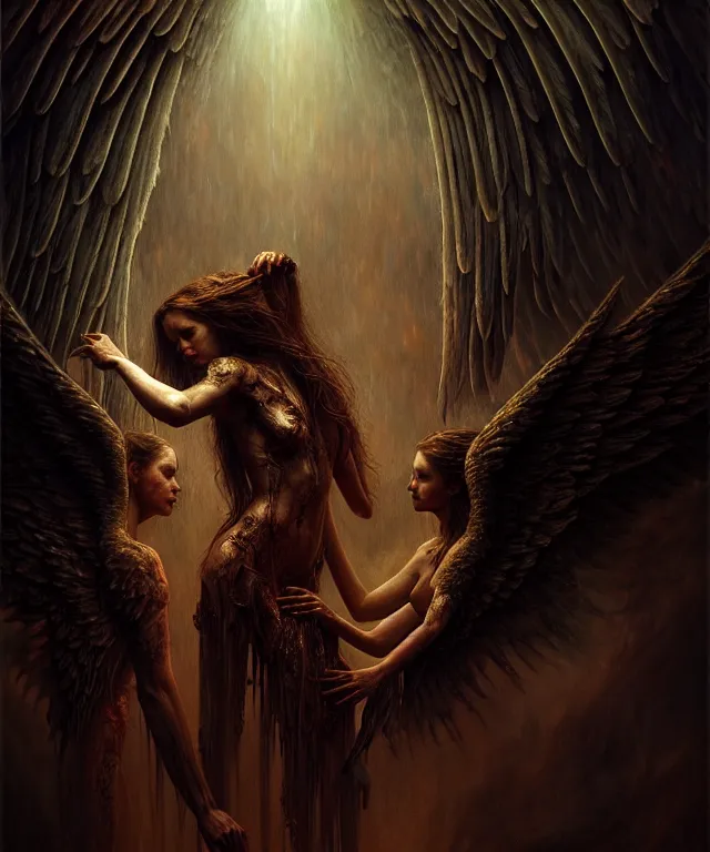 Image similar to epic professional digital art of angels and demons, horrific yet beautiful vibe, evocative, atmospheric lighting, painted, intricate, highly detailed, by leesha hannigan, wayne haag, reyna rochin, ignacio fernandez rios, mark ryden, iris van herpen, artstation, cgsociety, stunning, gorgeous, sharp focus, cinematic, masterpiece