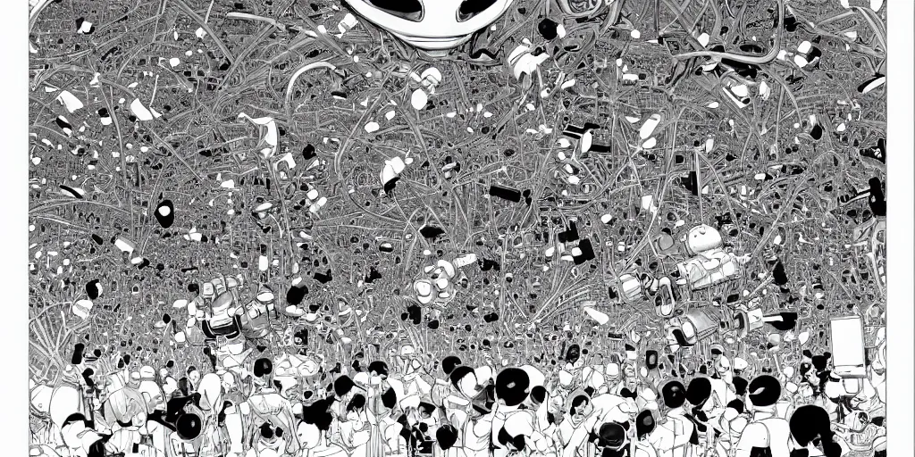 Image similar to gigantic robotic drones with lasers with human faces catch tiny robots, a lot of exotic plants around, human heads everywhere, risograph by satoshi kon and moebius, no text!, colorful flat surreal design, black & white, super - detailed, a lot of tiny details, fullshot