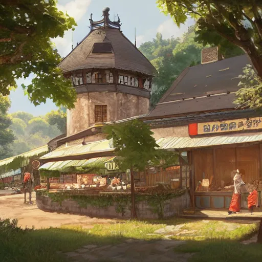 Image similar to concept art painting of a historic bakery with european and japanese architecture, in a woodland village surrounded by trees, realistic, detailed, cel shaded, in the style of makoto shinkai and greg rutkowski and james gurney