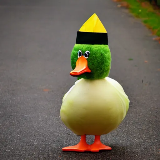 Image similar to a duck dressed as cabbage