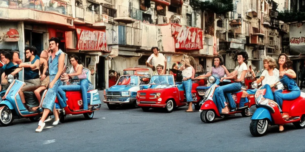 Image similar to movie in the 7 0 s, grease, disco, vespa motorcicles, fiat uno, in the city of genova still image. cinematic. color grading.