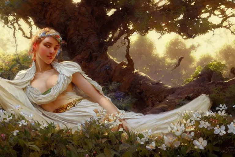 Image similar to a tired warrior relaxing under a huge tree with white flowers, fantasy, painting by gaston bussiere, craig mullins, j. c. leyendecker, trending on artstation