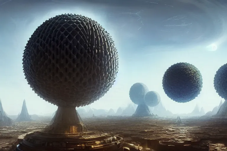 Image similar to A very highly detailed dyson sphere next to a very tiny and very highly detailed smooth Earth concept art by Greg Rutkowski, neofuturistic highly detailed, digital concept art, Dimensional cyan gold natural light, sharp focus, realistic concept art by Stephen Hickman and James Gurney and Hiromasa Ogura rendered in Octane Render, From the distance