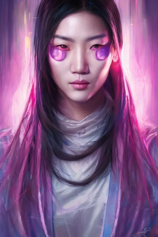 Prompt: stunning highly detailed portrait of a beautiful asian female cyberpunk, middle aged, soft lighting, pastel neon colors, oil on canvas, strong lighting, by glenn fabry, by greg staples, by mandy jurgens, hd, 4 k