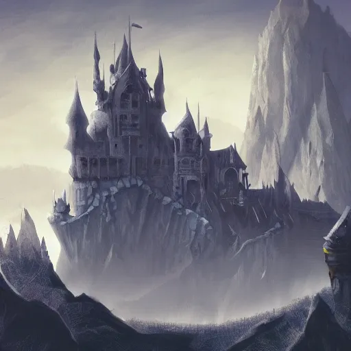 Image similar to evil fantasy castle on a mountain, dungeons and dragons, epic illustration, fantasy illustration, epic, 8 k, artstation, giant axe