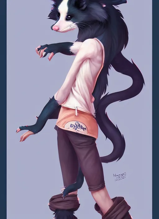 Prompt: character portrait of a female anthro opossum fursona with a furry body wearing a tanktop and shorts with arm tattoos. Character design by charlie bowater, ross tran, artgerm, and makoto shinkai, detailed, inked, western comic book art