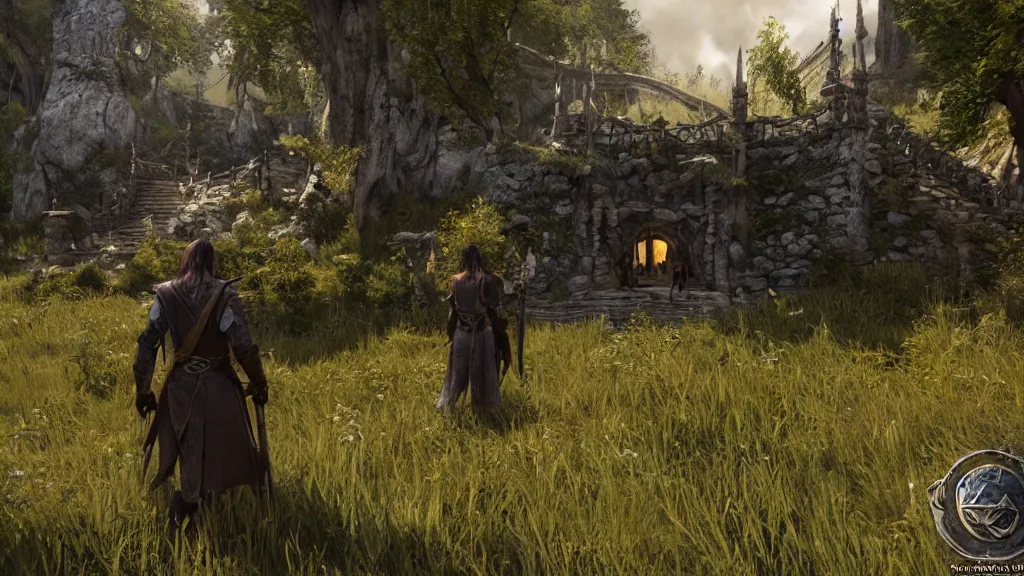 Image similar to screenshot from the new Lord of the Rings open-world videogame, minimap in the corner, high detail hud, third person game, Elves, the Hobbit, Unreal Engine, high quality, next-gen graphics, 4k, epic, cinematic, fantasy, Tolkien,