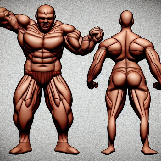 Image similar to extremely muscular bald man, small legs, exaggerated arms, 3 d model, gladiator, small head, cell shaded, cartoon shading