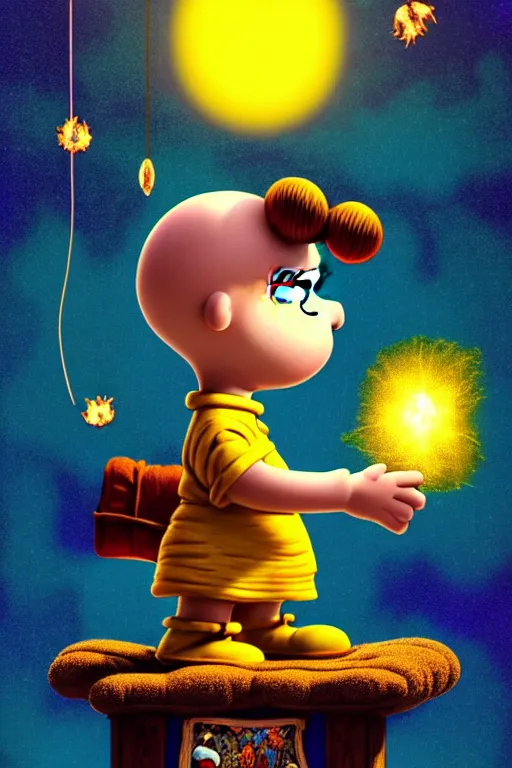 Image similar to Linus from Charlie Brown as the Hermit Major Arcana Tarot Card, magical realism, texture, intricate, ornate, royally decorated, whirling blue smoke, embers, radiant colors, fantasy, trending on artstation, volumetric lighting, micro details, 3d sculpture, ray tracing, 8k, anaglyph effect